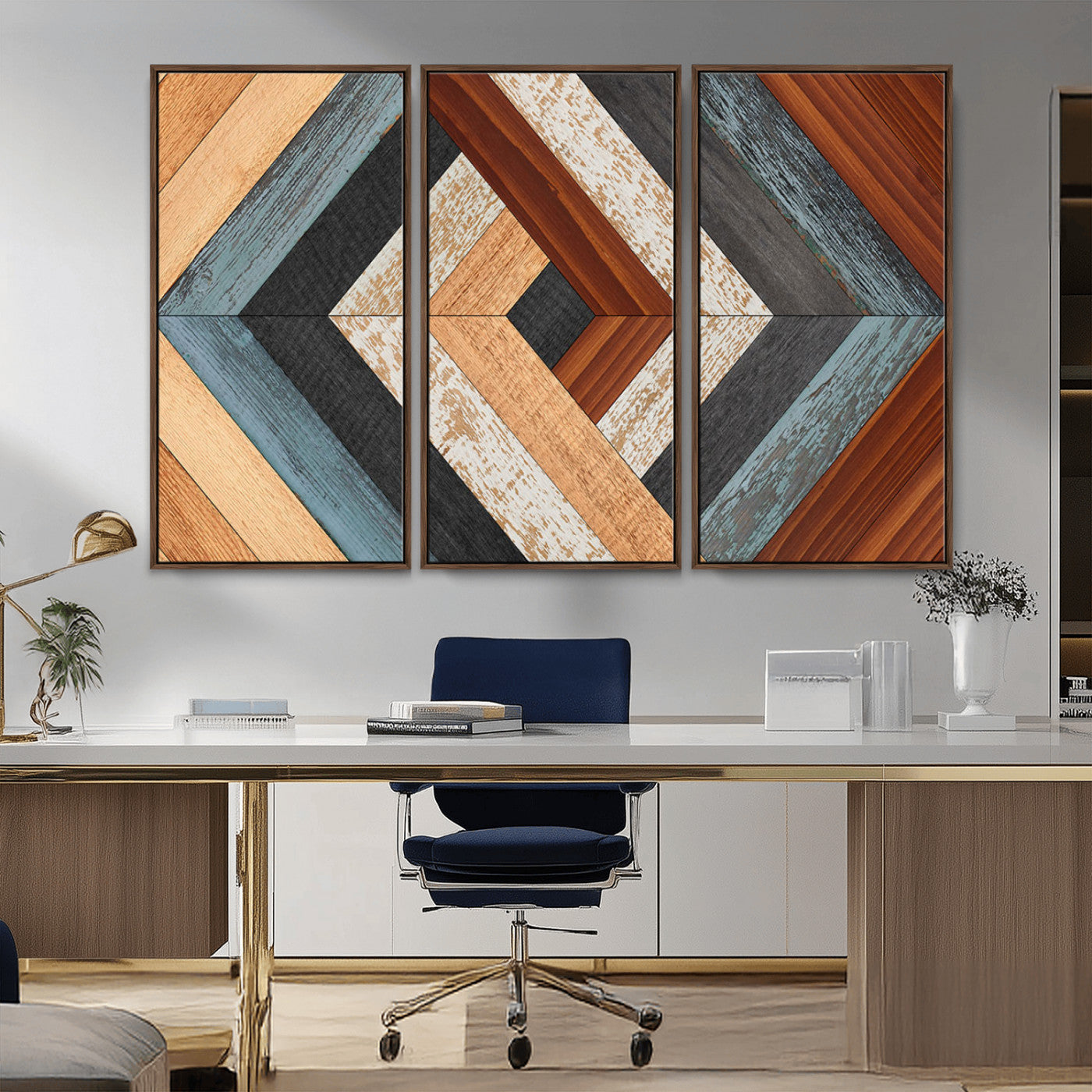 MGV-FC-48X32-3P - Geometric Wood Art Wall Decor Canvas Print, Rustic Wooden Pattern Triptych Wall Art for Living Room