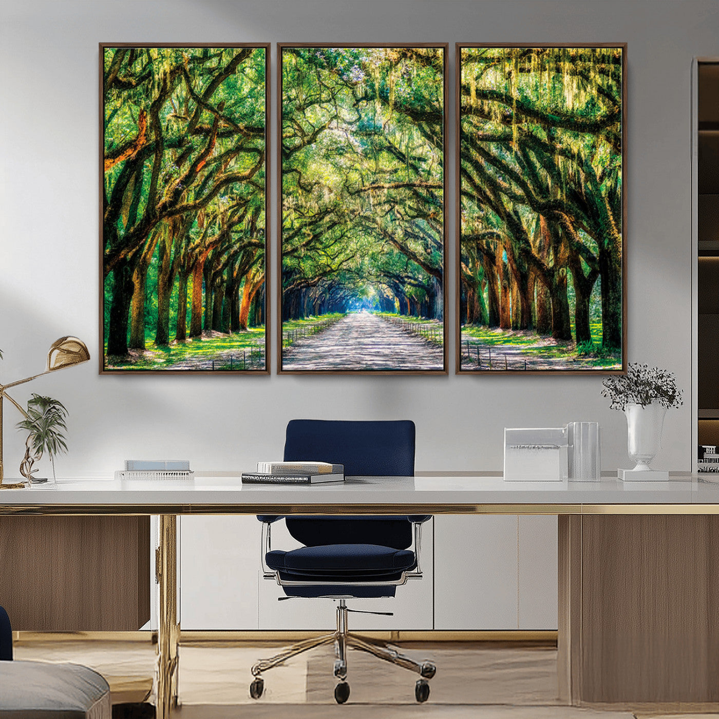 MGV-FC-48X32-3P - Serene Tree Tunnel Wall Art Canvas Print – Pathway Under Canopy of Lush Green Trees, Nature-Inspired