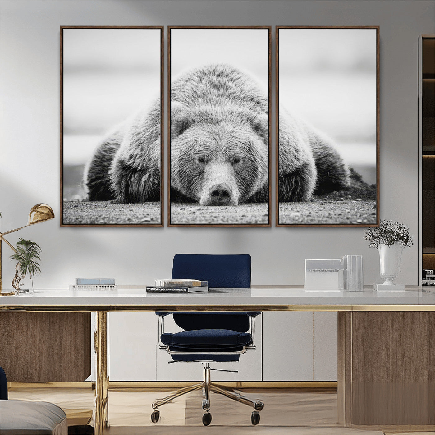 MGV-FC-48X32-3P - Resting Grizzly Bear Wall Art Canvas Print – Majestic Lazy Black and White Wildlife Bear Art,