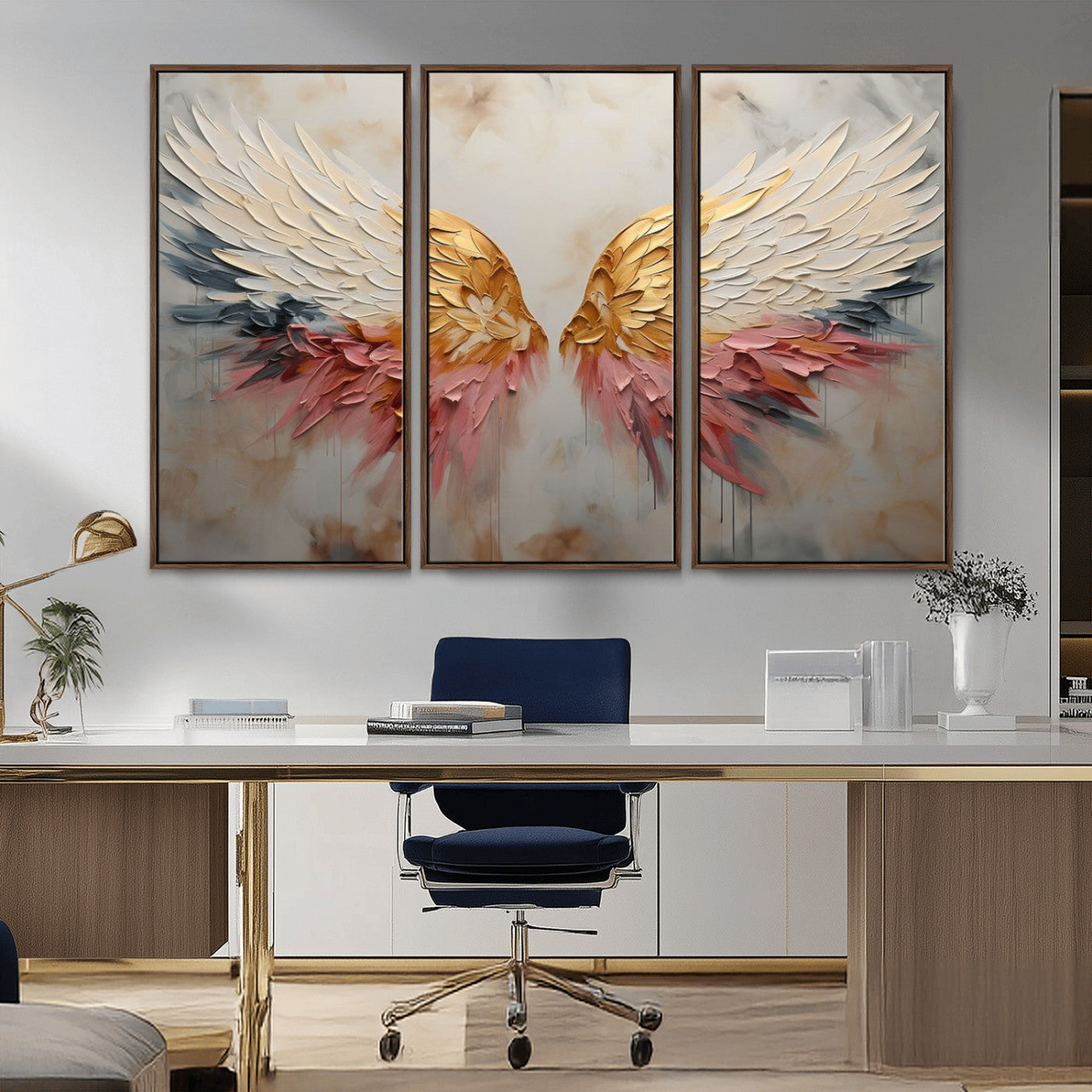 MGV-FC-48X32-3P - Golden Angel Wings Wall Art Canvas Print – Stunning Abstract Winged Art for Elegant Home Decor –