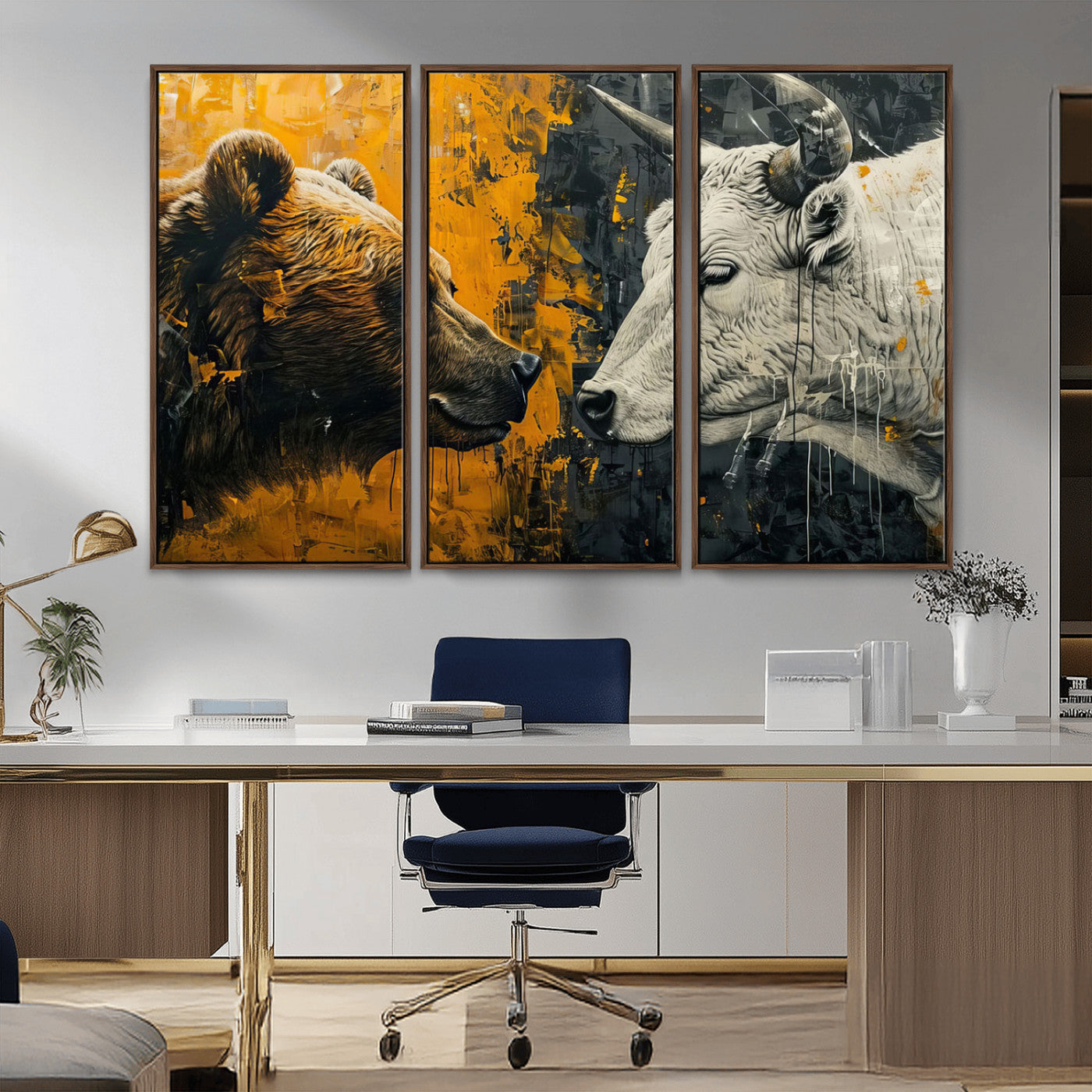MGV-FC-48X32-3P - Bear and Bull Wall Art Canvas Print – Abstract Animal Portrait Painting for Modern Home Decor –