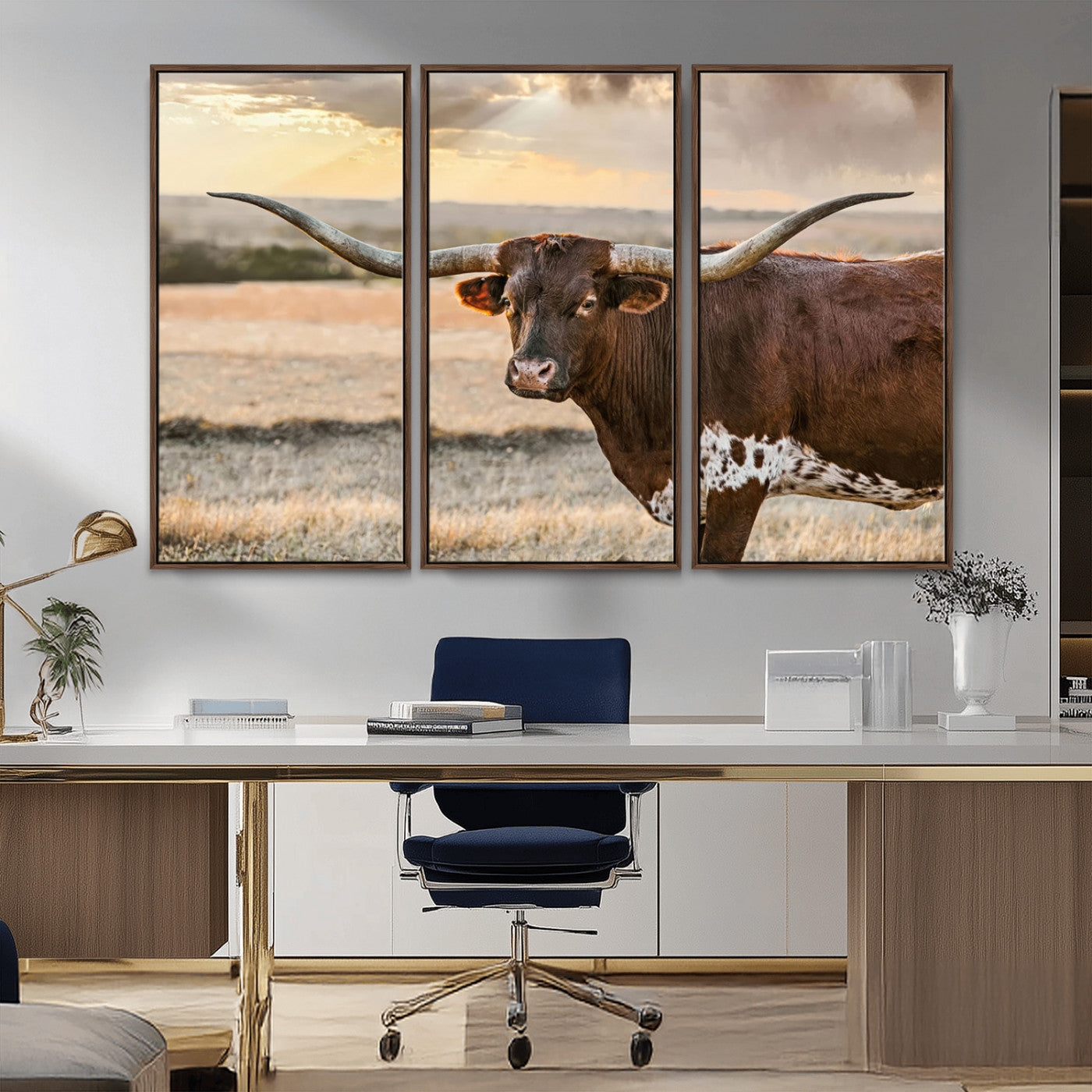 MGV-FC-48X32-3P - Texas Longhorn Wall Art Canvas Print, Rustic Ranch Decor, Majestic Western Longhorn Cattle