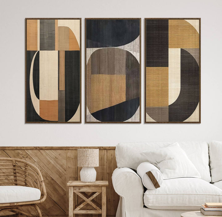 Framed Wabi Sabi Art Print: A modern minimalist geometric canvas featuring earthy tones and overlapping rounded shapes. Ready to hang.