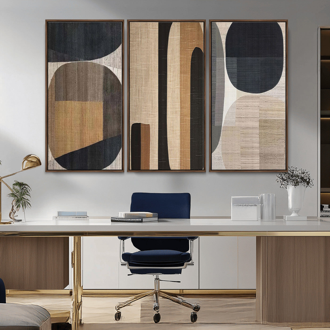 MGV-FC-48X32-3P - Abstract Minimalist Canvas Wall Art - Neutral Geometric Modern Boho Decor, Minimalist Brown Wabi