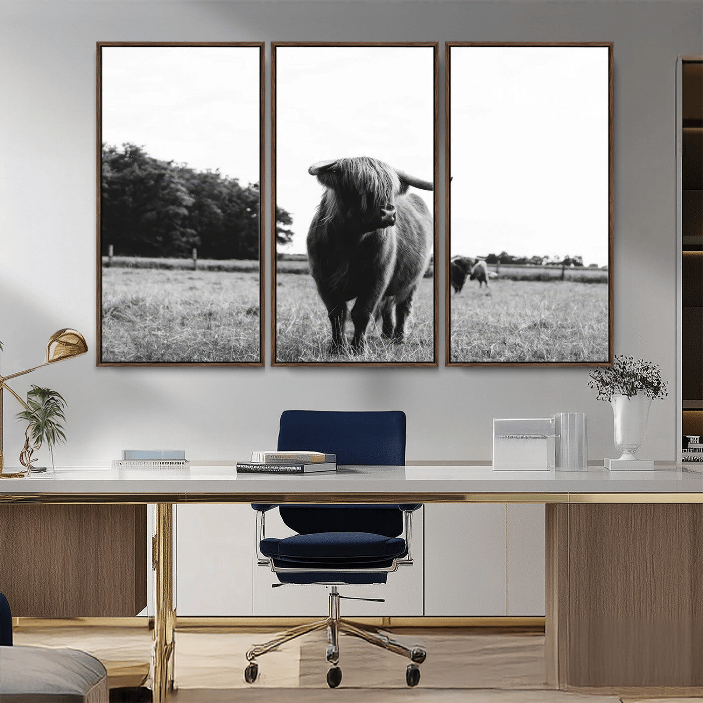 MGV-FC-48X32-3P - Black and White Highland Cow Wall Art Canvas Print | Rustic Western Decor for Living Room or Office,