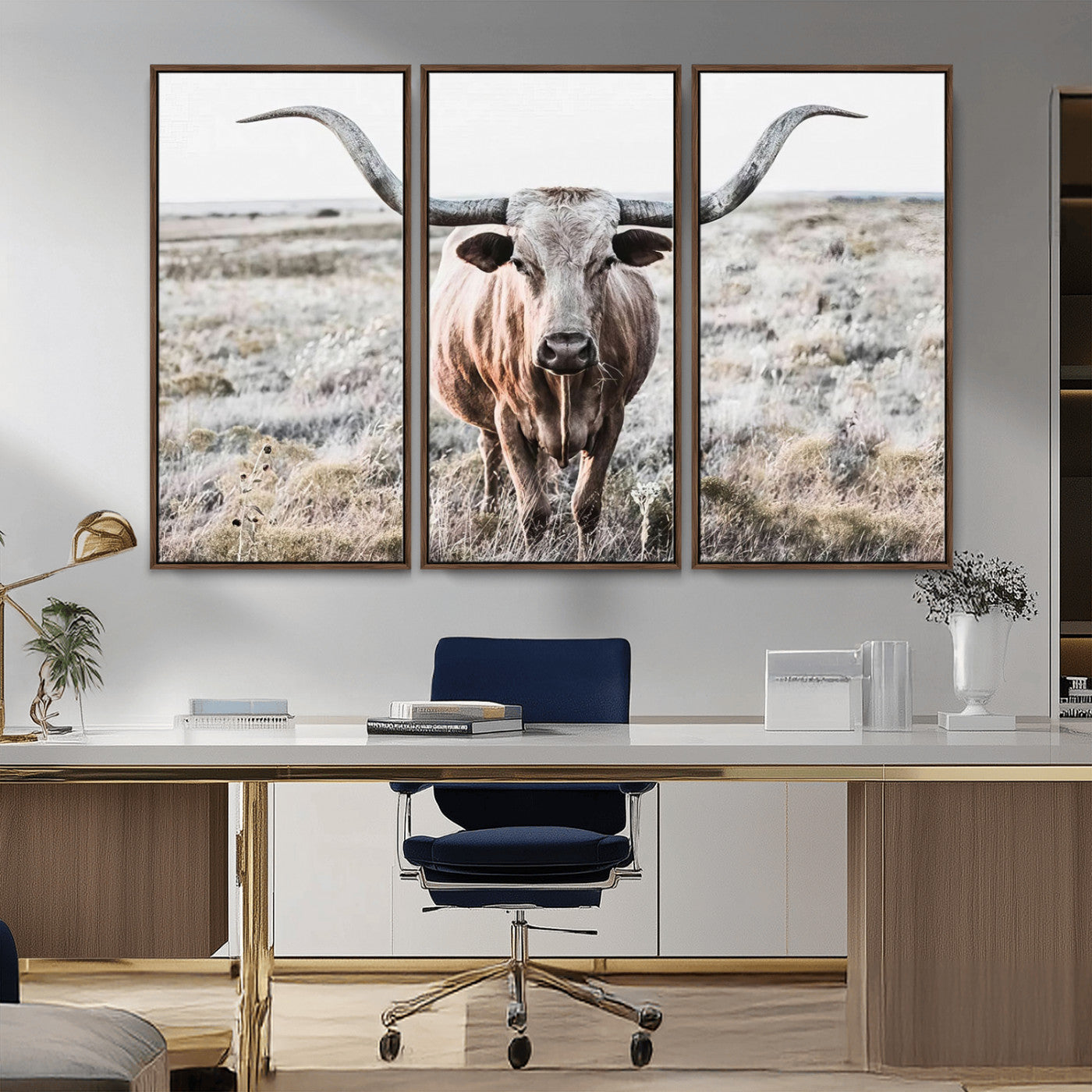 26121-MGV-FC-48X32-3P_Walnut-Rustic Texas Longhorn Wall Art Canvas Print | Western Farmhouse Decor for Living Room or Office,