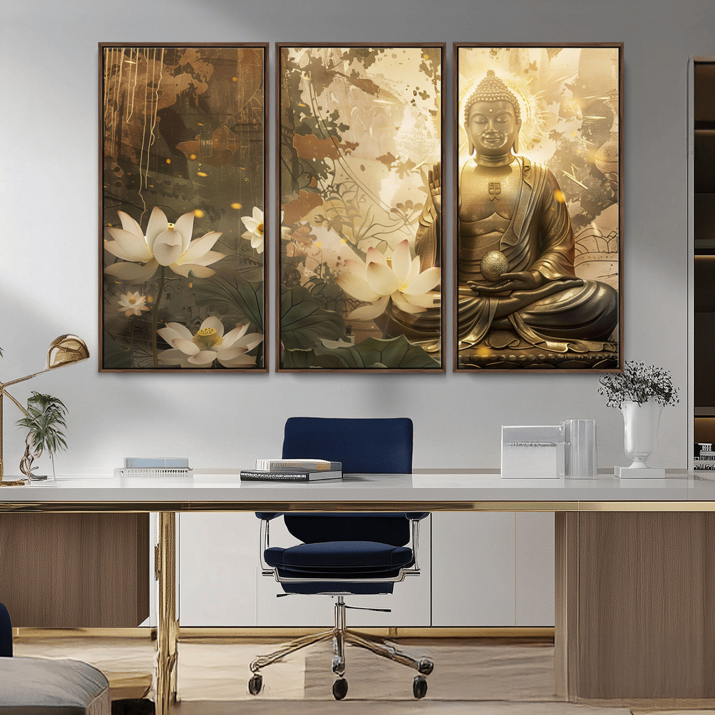 MGV-FC-48X32-3P - Zen Buddha Wall Art Canvas Print | Peaceful Meditation Decor with Lotus Flowers | Spiritual Serenity