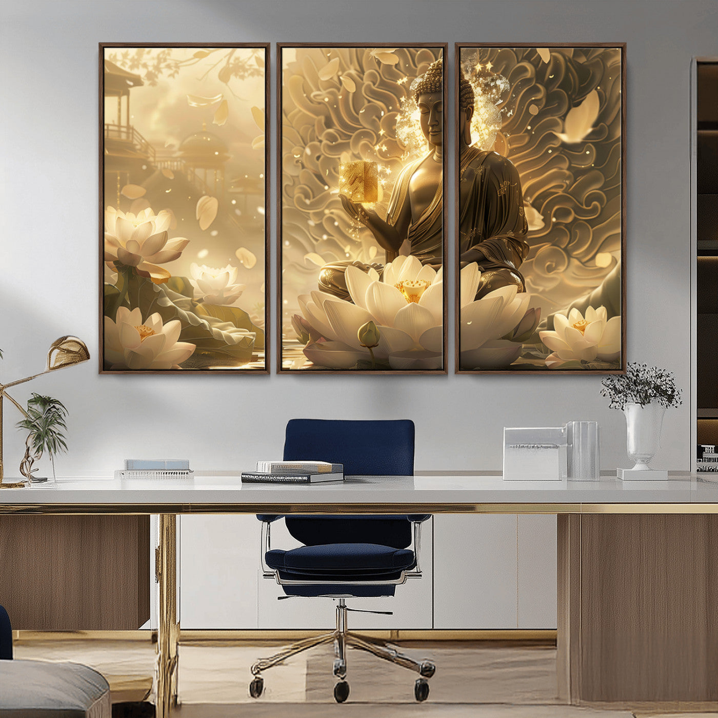 MGV-FC-48X32-3P - Golden Buddha Wall Art | Yoga Room Decor and Meditation Room Wall Art | Framed and Ready to Hang