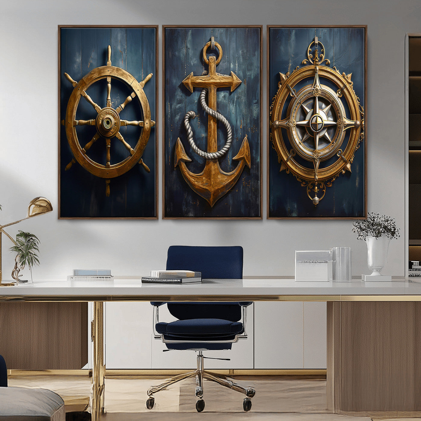 MGV-FC-48X32-3P - Boat Anchor Compass With Rope Wall Art Canvas Print | Beach House Wall Art