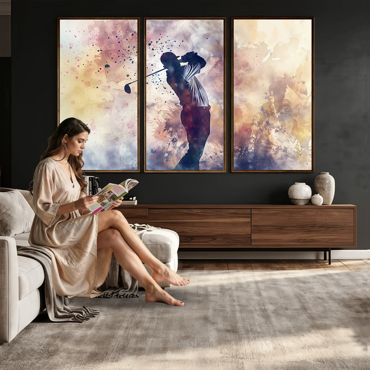 10848-MGV-CV-36X24 - Abstract Watercolor Golf Player Wall Art Canvas Print
