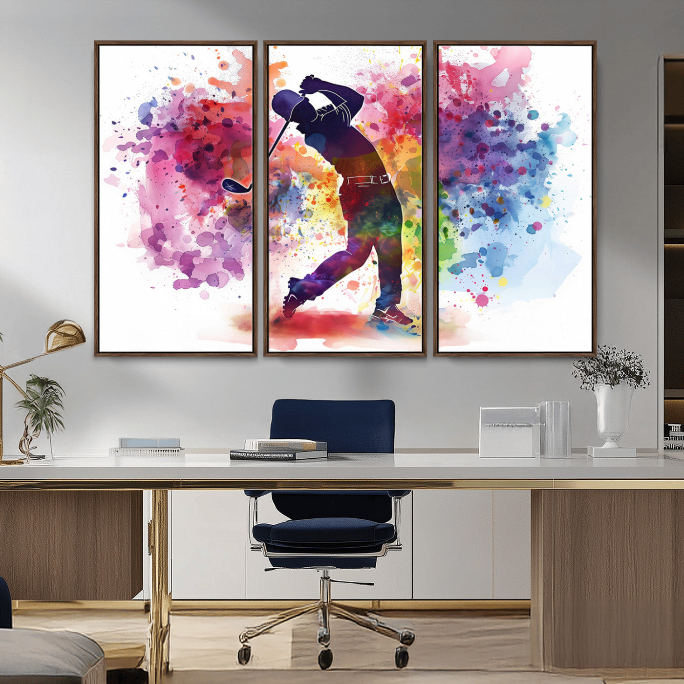 MGV-FC-48X32-3P - Colorful Golfer Swing Wall Art Canvas Print - Ready to Hang, Framed Sports Decor