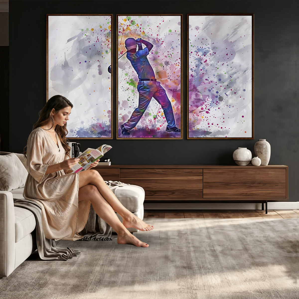 60116-MGV-CV-36X24 - Watercolor Golf Swing Wall Art Canvas Print, Vibrant, Framed and Ready to Hang