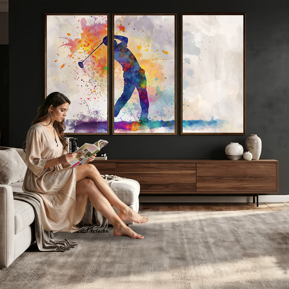 89625-MGV-CV-36X24 - Vibrant Watercolor Golf Swing Wall Art Canvas Print | Extra Large 3 Piece Canvas Wall Art