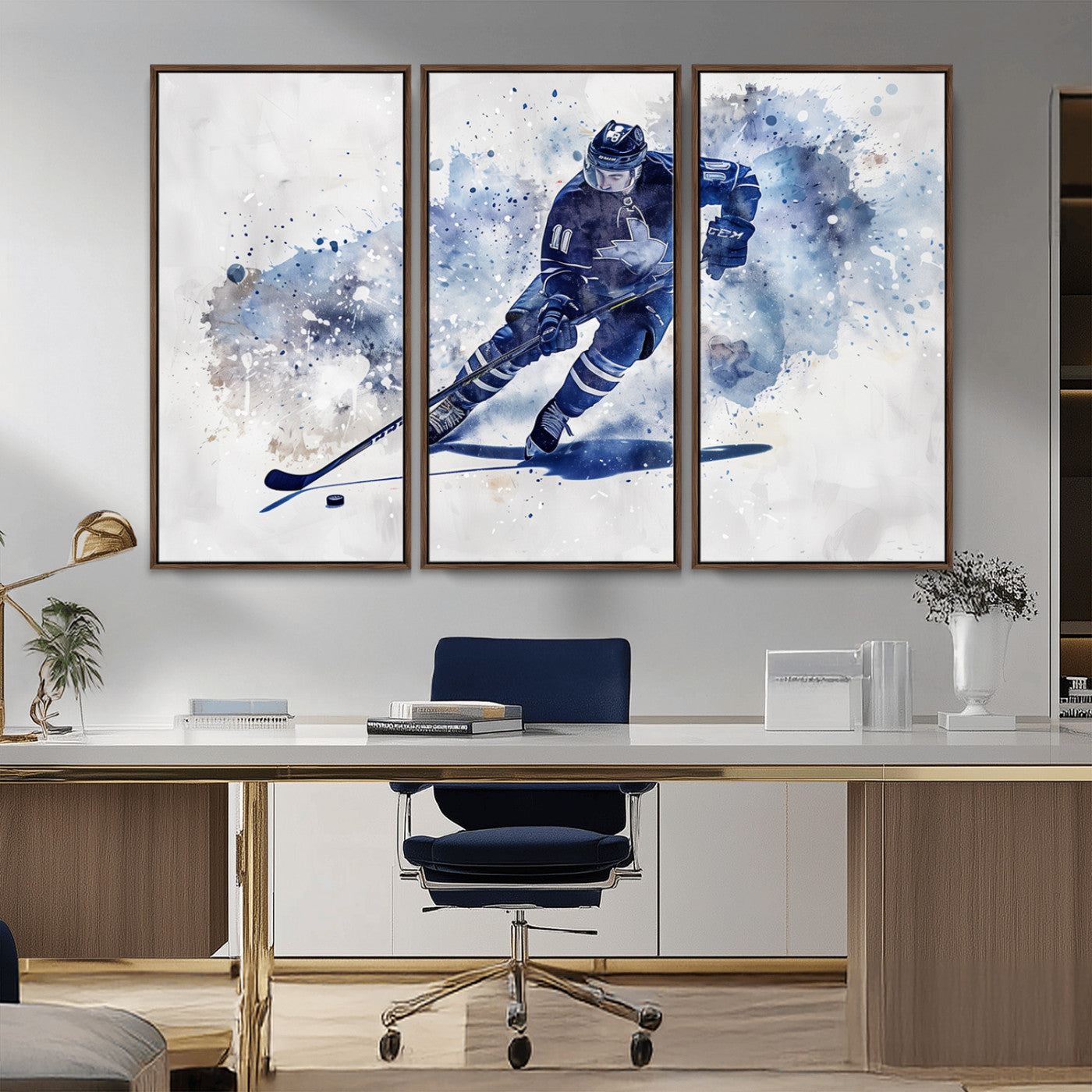 MGV-FC-48X32-3P - Hockey Player Wall Art Canvas Print - Sports-Inspired Watercolor Decor - Ready to Hang