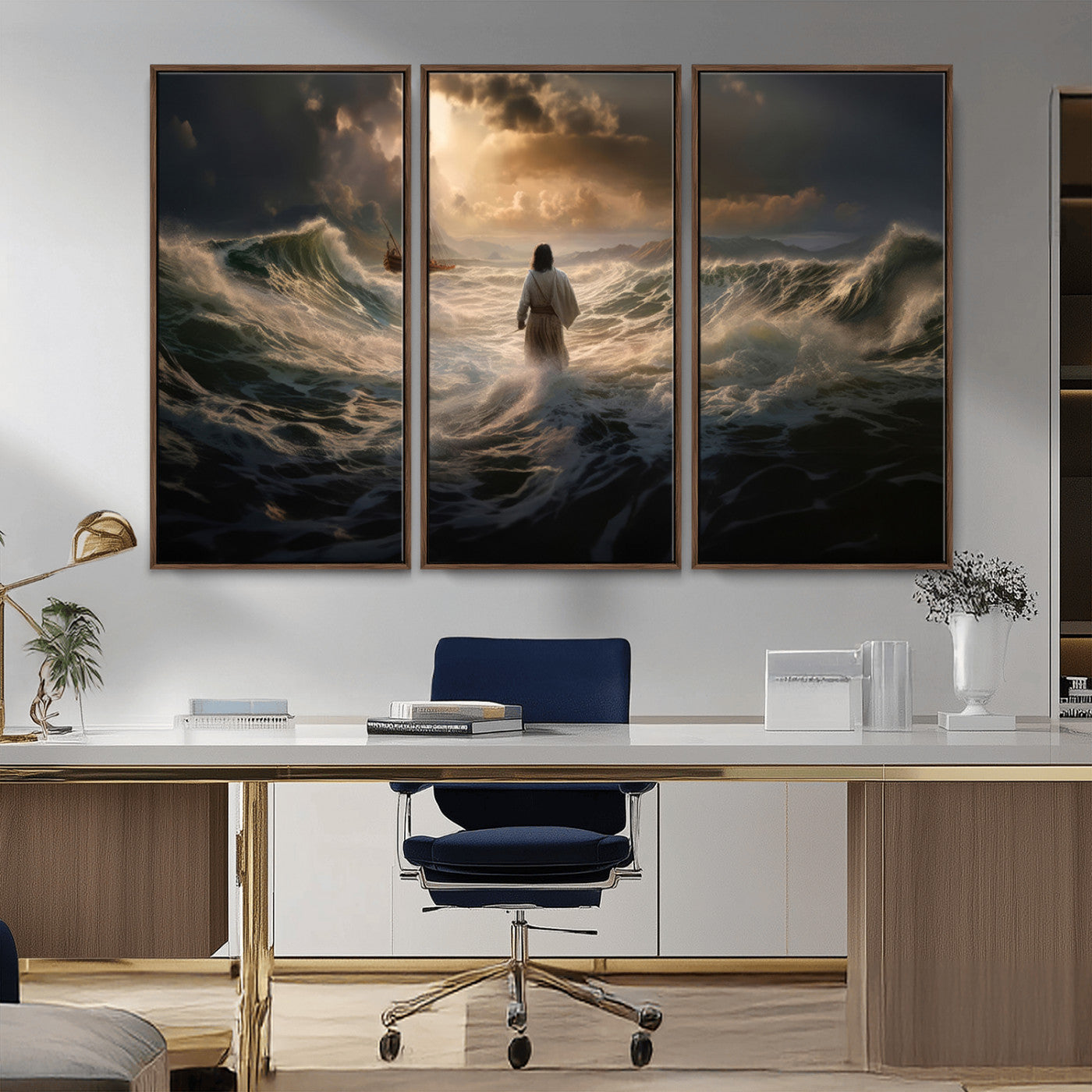 MGV-FC-48X32-3P - Jesus Walking on Water Wall Art Canvas Print - Religious Spiritual Decor - Jesus Wall Art Canvas