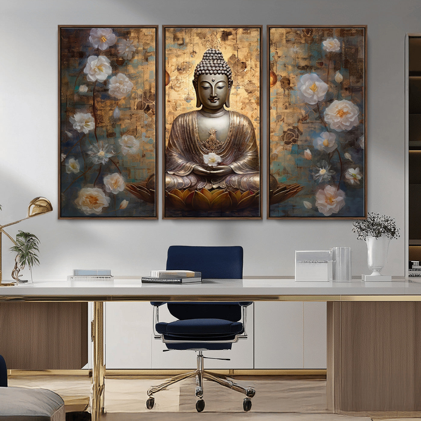 MGV-FC-48X32-3P - Golden Buddha Wall Art Canvas Print | Zen Meditation Floral Decor | Tranquil Spiritual Home Art |