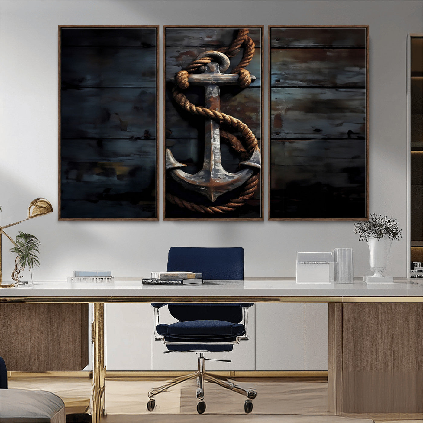 MGV-FC-48X32-3P - 3 Panel Grunge Abstract Anchor Wall Art Canvas Print Set