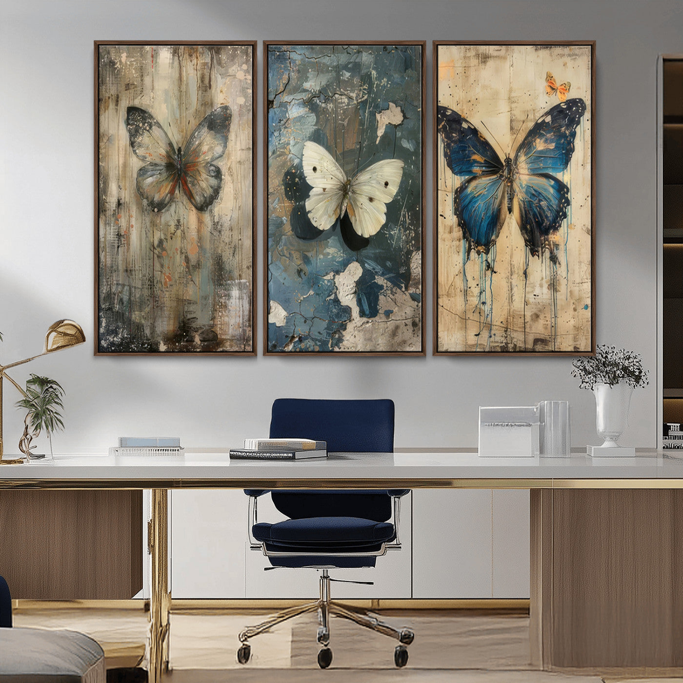 MGV-FC-48X32-3P - Butterfly Wall Art Trio | Vintage Butterfly Canvas Print | Ready to Hang Framed Artwork for