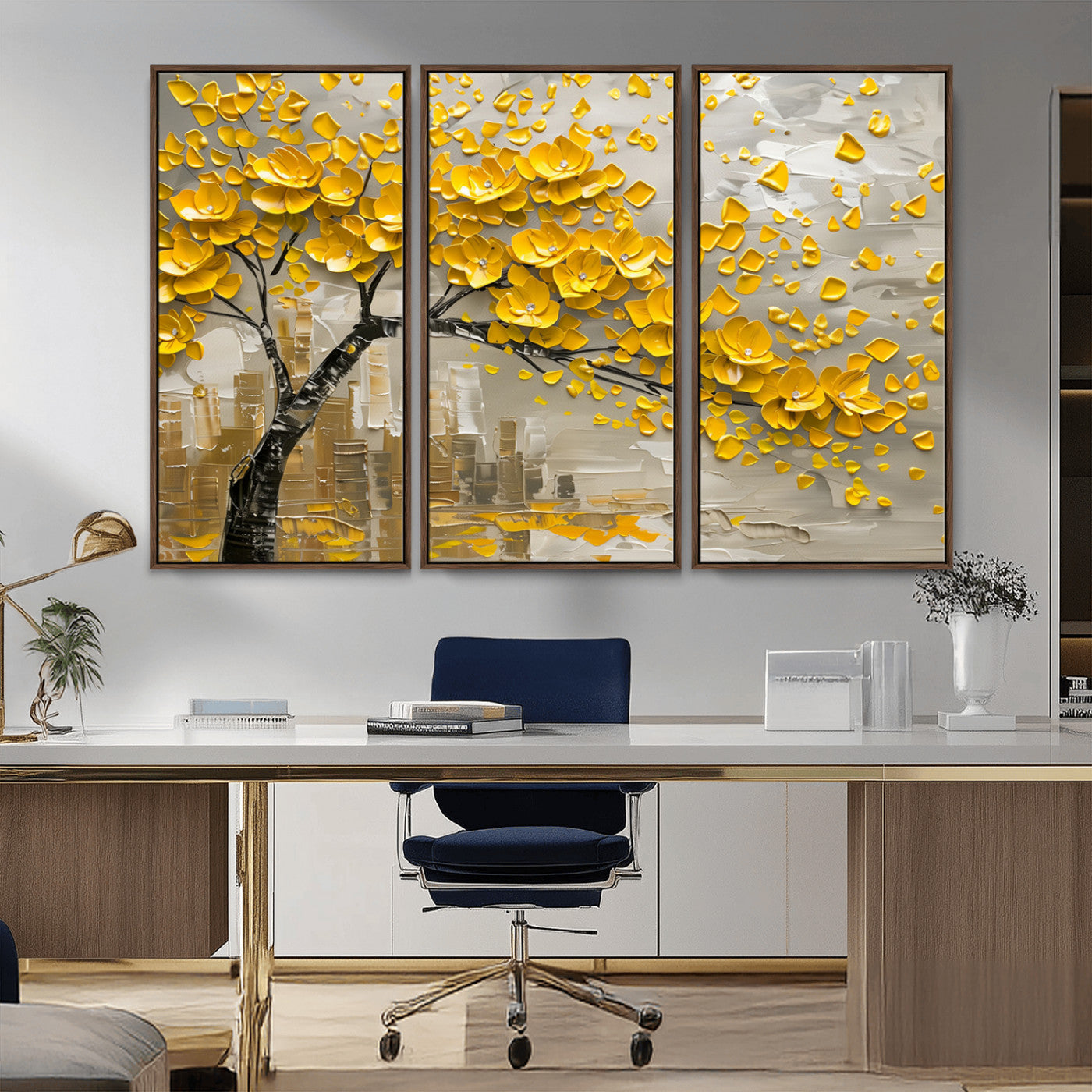 MGV-FC-48X32-3P - Yellow Blossom Tree Canvas Wall Art - Floral Abstract Modern Contemporary Artwork for Living Room or