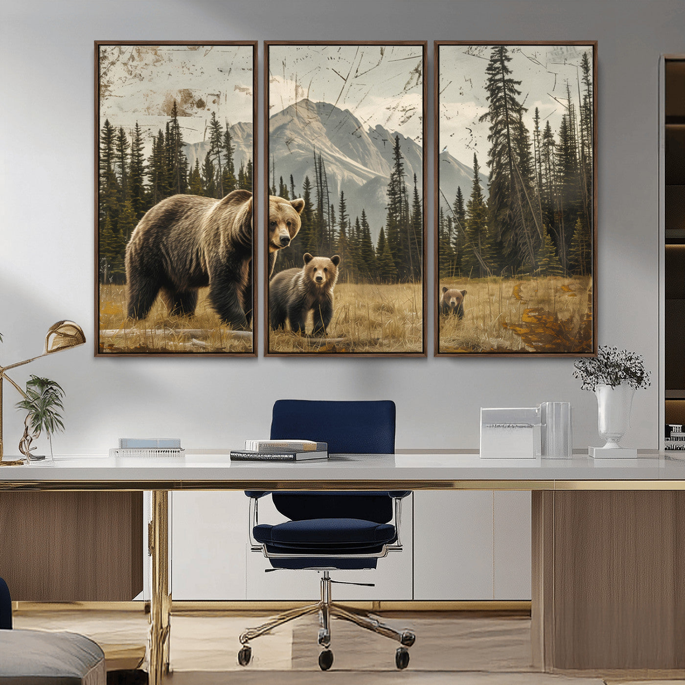 MGV-FC-48X32-3P - Rustic Grizzly 399 Bear Family Wall Art Canvas Print