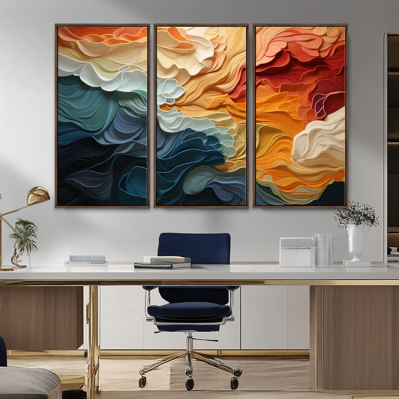 MGV-FC-48X32-3P - Blue Orange Abstract Wave Wall Art Canvas Print, Framed Blue Orange Wave Wall Art