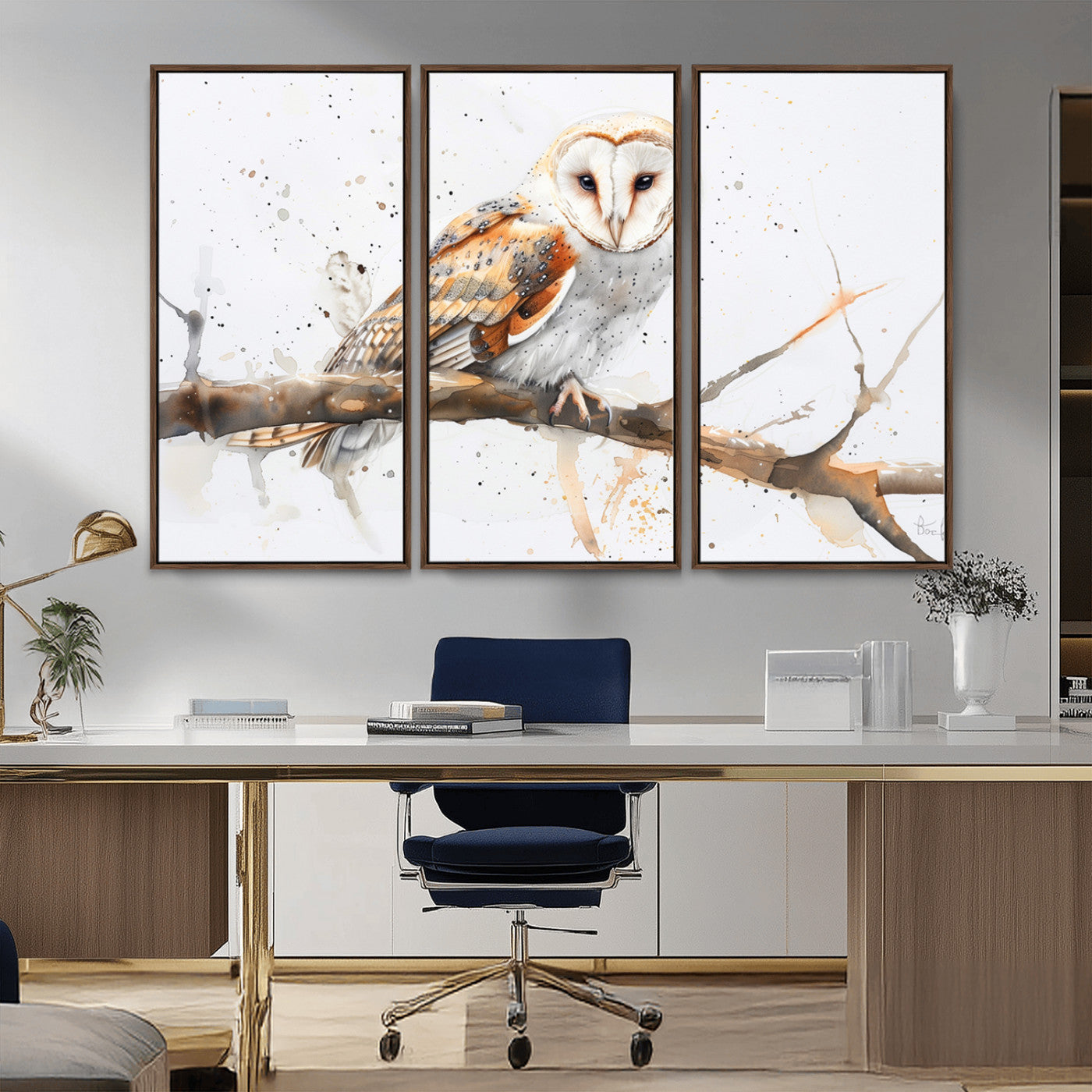 MGV-FC-48X32-3P - Barn Owl Wall Art on Branch | Stunning Canvas Print for Nature Lovers | Ready to Hang and Framed