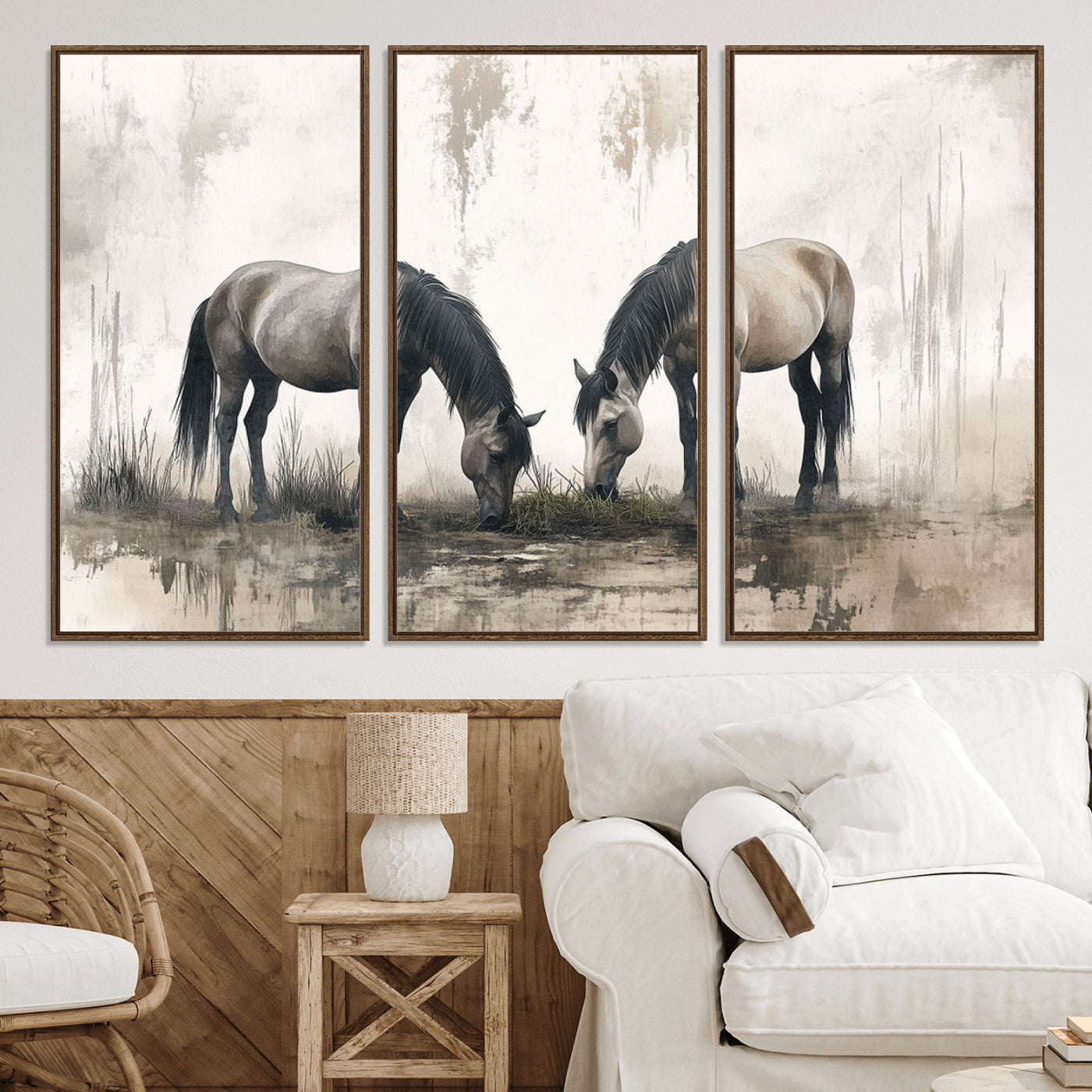 35494-MGV-CV-36X24-Chines Ink Style Vintage Horses Wall Art Canvas Print for Farmhouse Wall Decor