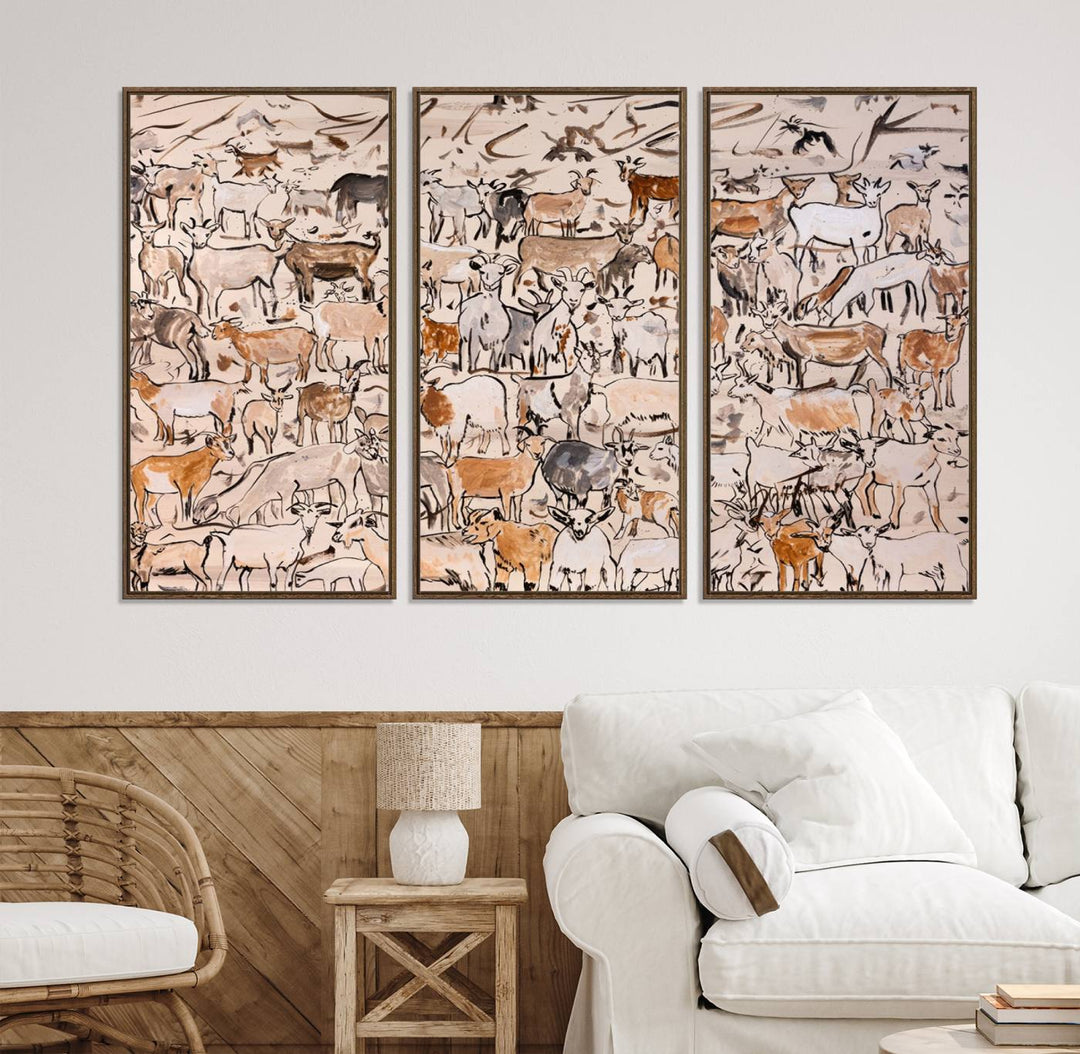 Framed Goat Herd Wall Art in minimal brush strokes on a beige backdrop, ideal for farmhouse or cabin decor.