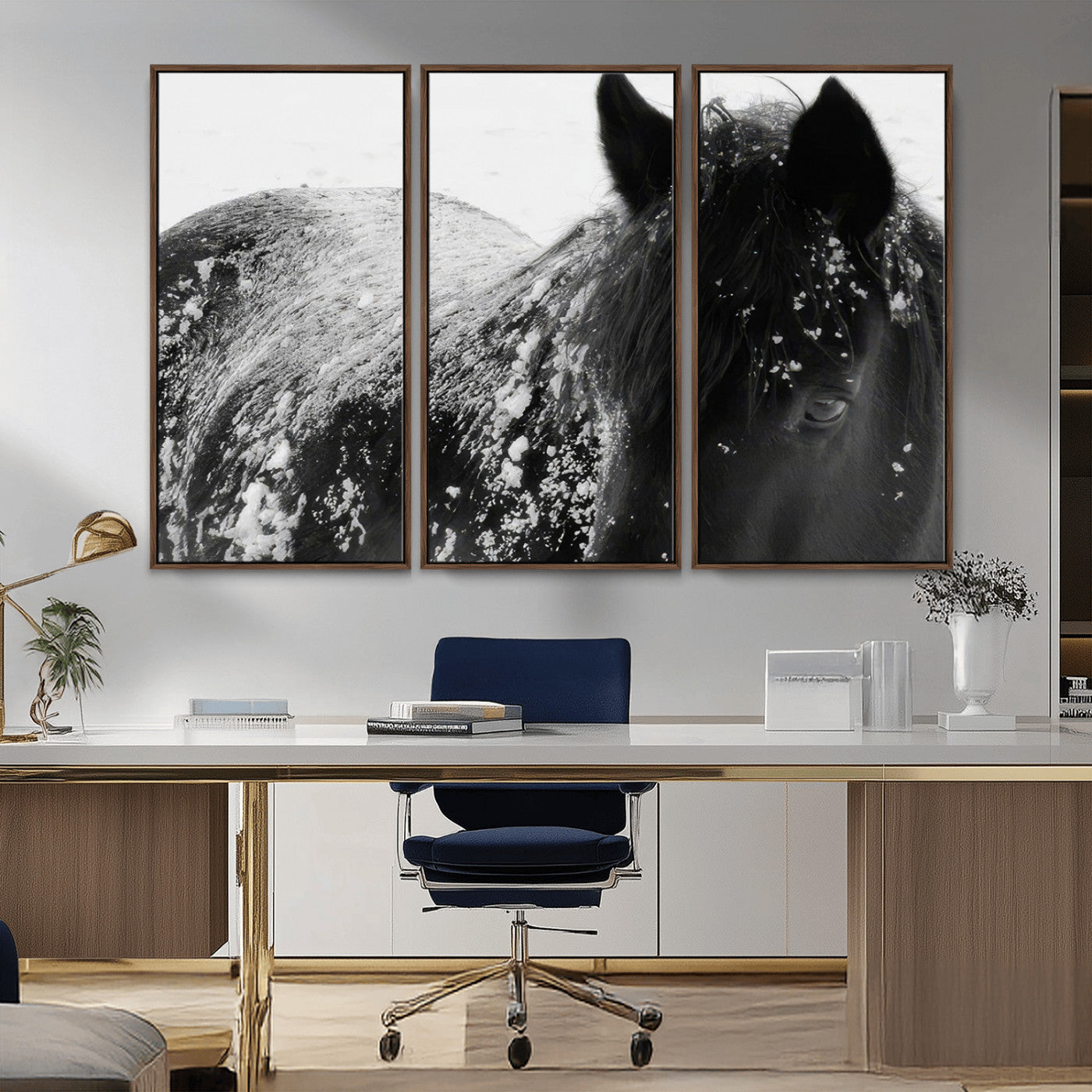 MGV-FC-48X32-3P - Black Horse in Snow Canvas Print | Winter Horse Wall Art | Ready to Hang and Framed | Farmhouse Wall