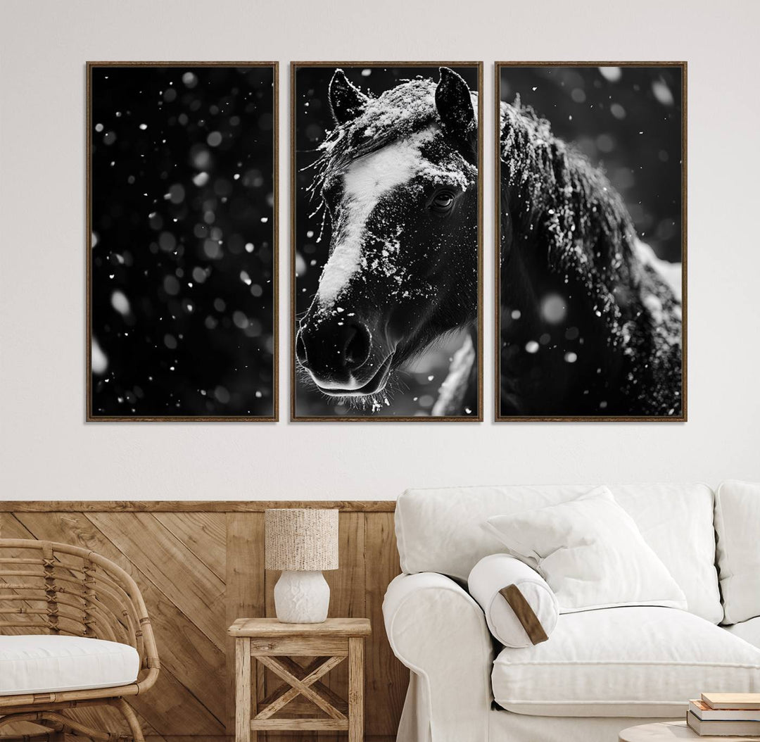 The Winter Horse Wall Art showcases a gentle horse print with snowflakes, ideal for rustic farmhouse or cabin decor.