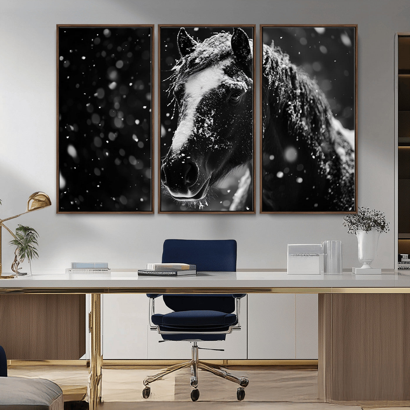 MGV-FC-48X32-3P - Winter Horse Wall Art | Black and White Horse Print | Ready to Hang and Framed | Farmhouse Wall Art