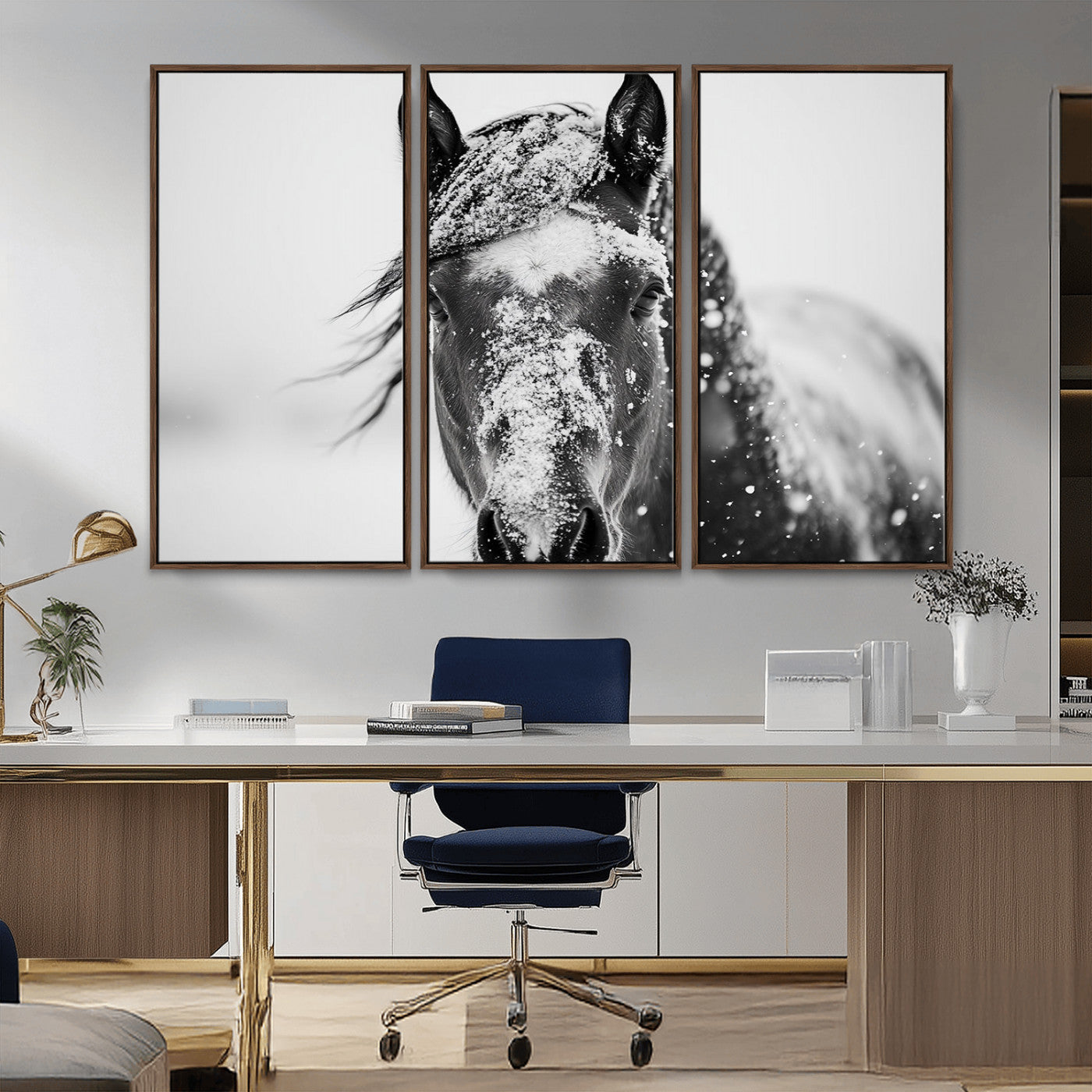 MGV-FC-48X32-3P - Western Wall Art | Black and White Winter Horse Wall Art | Ready to Hang and Framed | Farmhouse and