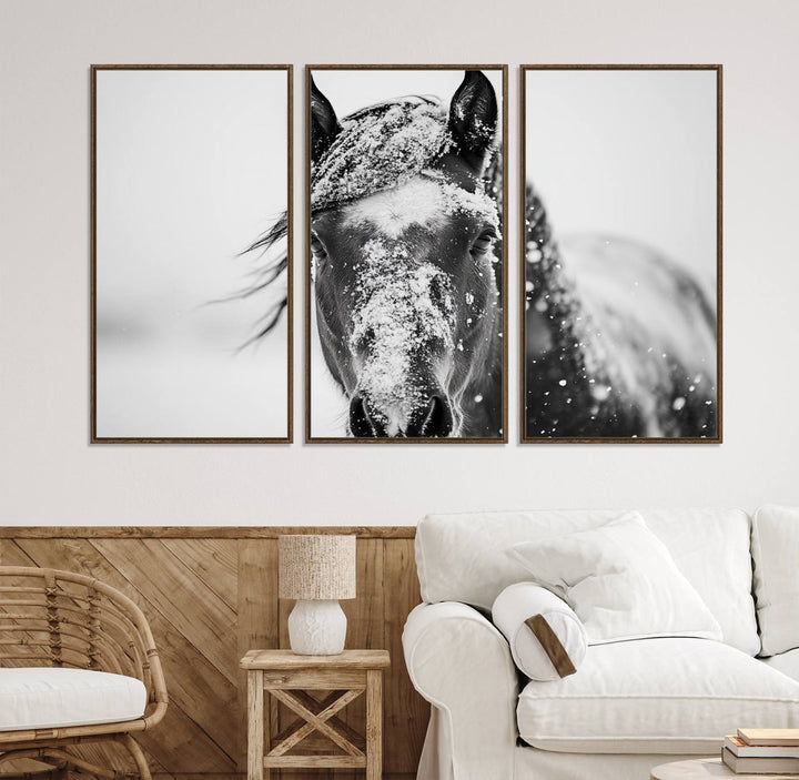 This black and white winter horse wall art enhances any decor; it is ready to hang and framed for a farmhouse or Western style.