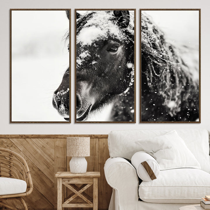 The wall art is a Black and White Horse piece, framed and ready to hang.