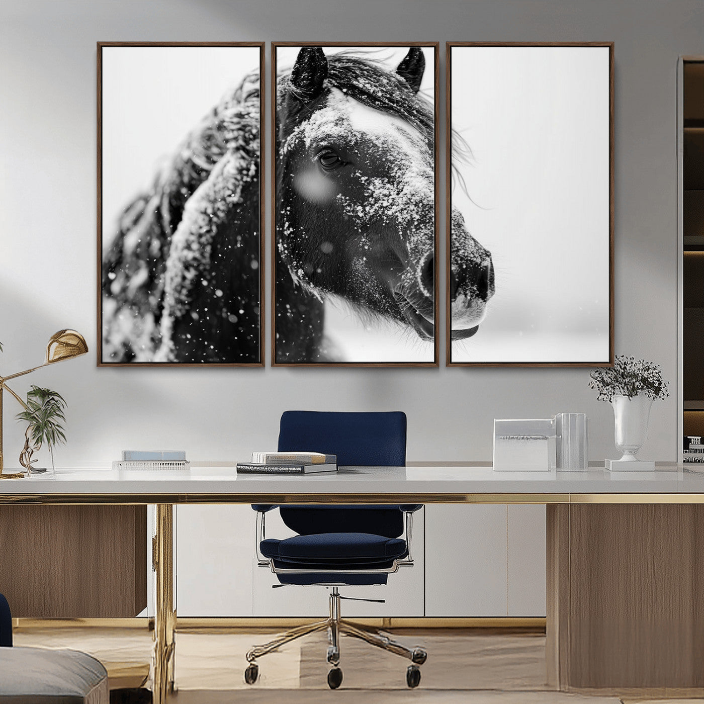 MGV-FC-48X32-3P - Winter Horse Canvas Print | Large 3-Panel Black White Equine Photography for Rustic Farmhouse Wall