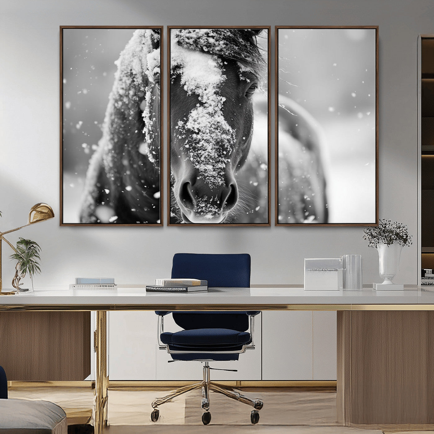 MGV-FC-48X32-3P - Black and White Horse Winter Wall Art | Ready to Hang and Framed | Farmhouse Wall Decor | Western