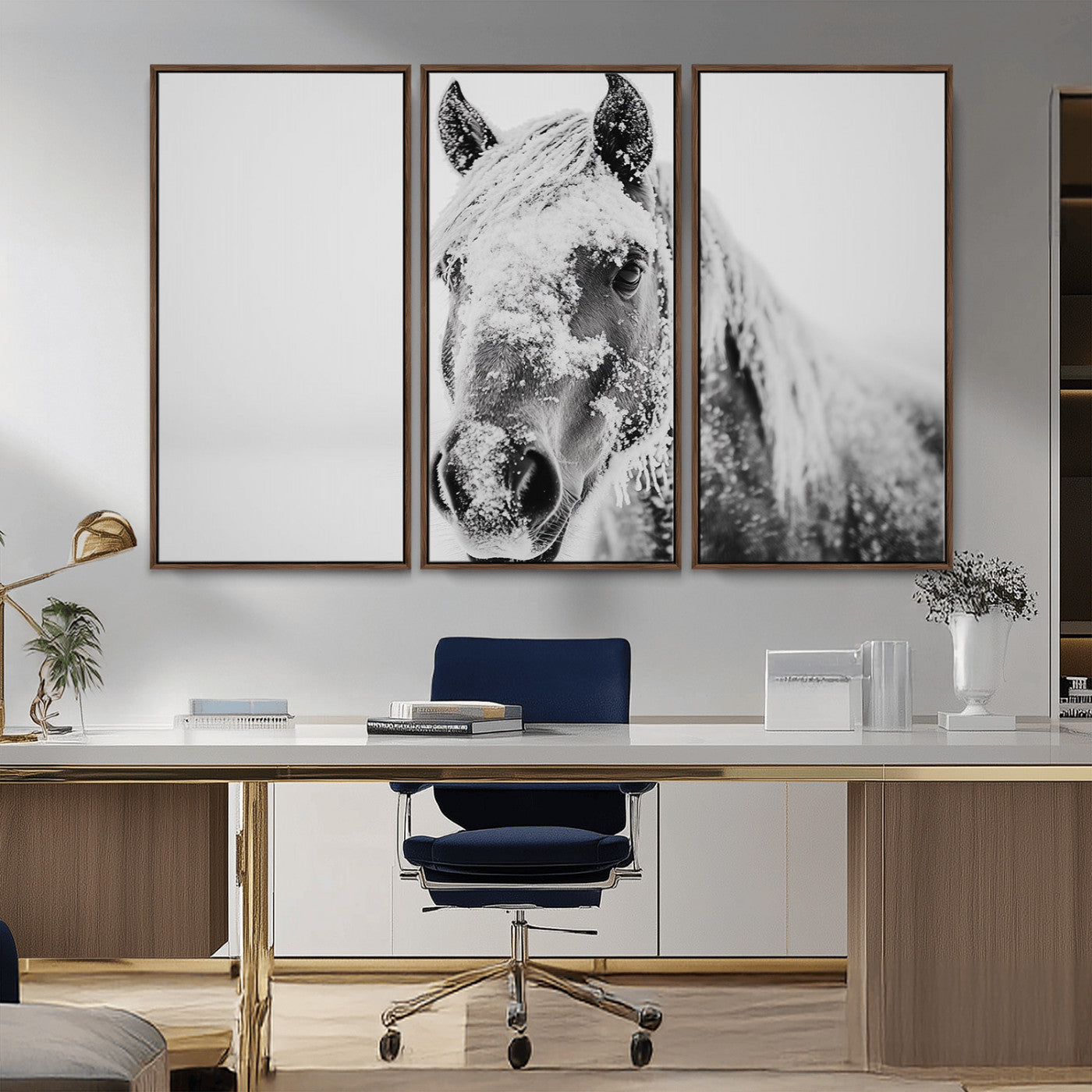 MGV-FC-48X32-3P - White Horse Wall Art | Ready to Hang and Framed | Winter Horse Wall Art Print for Farmhouse and