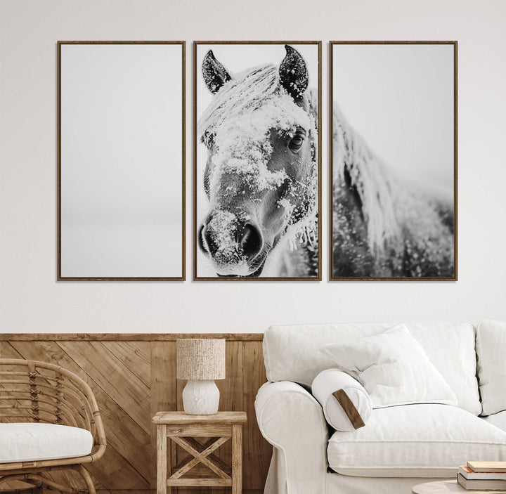 White Horse Wall Art: A black and white photo of a snow-covered horse, framed and ready to hang for farmhouse decor.