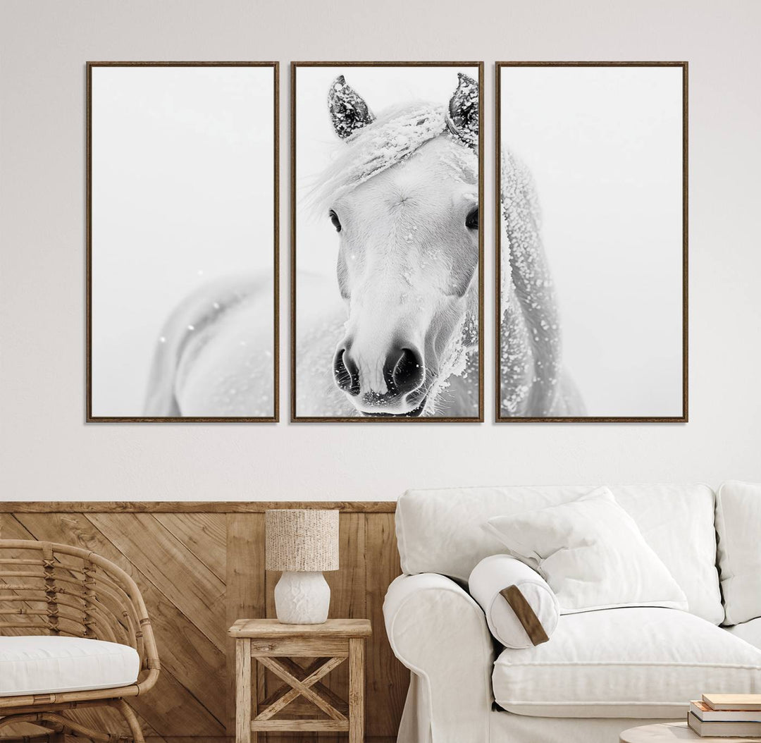 The dining room features the Majestic White Horse Wall Art, adding to its rustic charm.