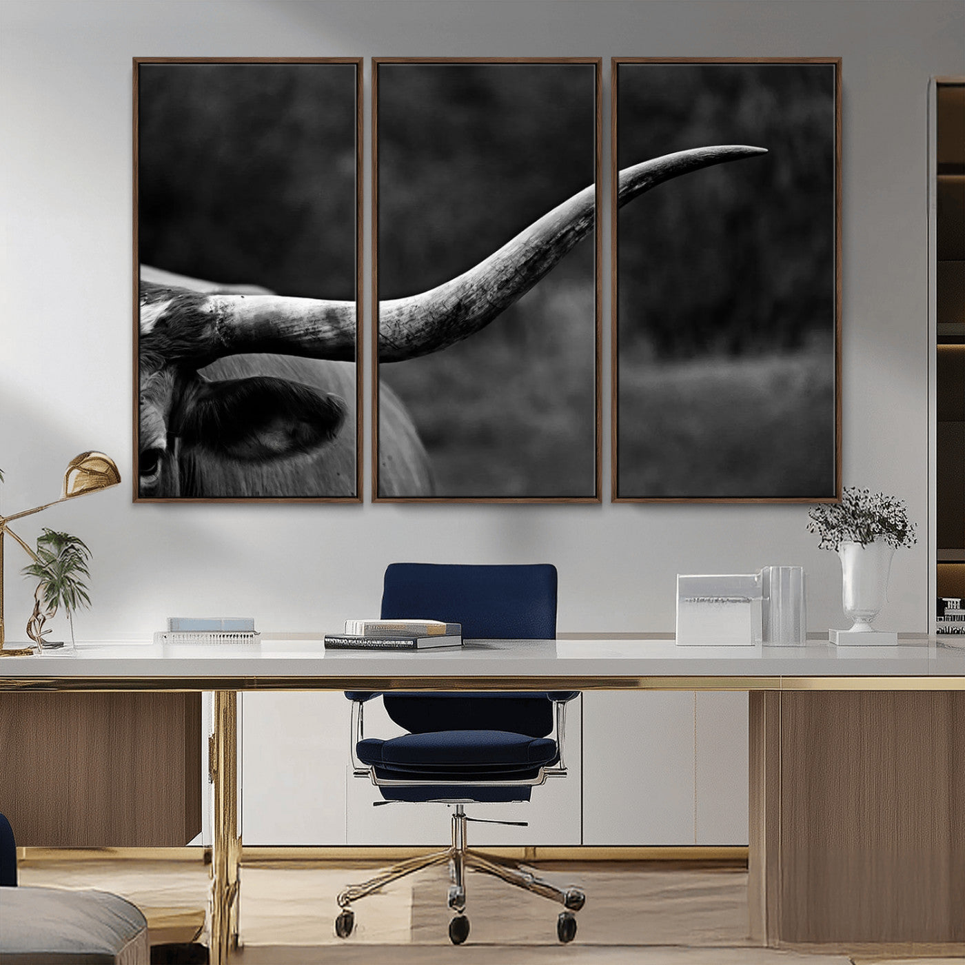 MGV-FC-48X32-3P - Cow Longhorn Wall Art | Black and White Print | Ready to Hang and Framed | Farmhouse Wall Decor |