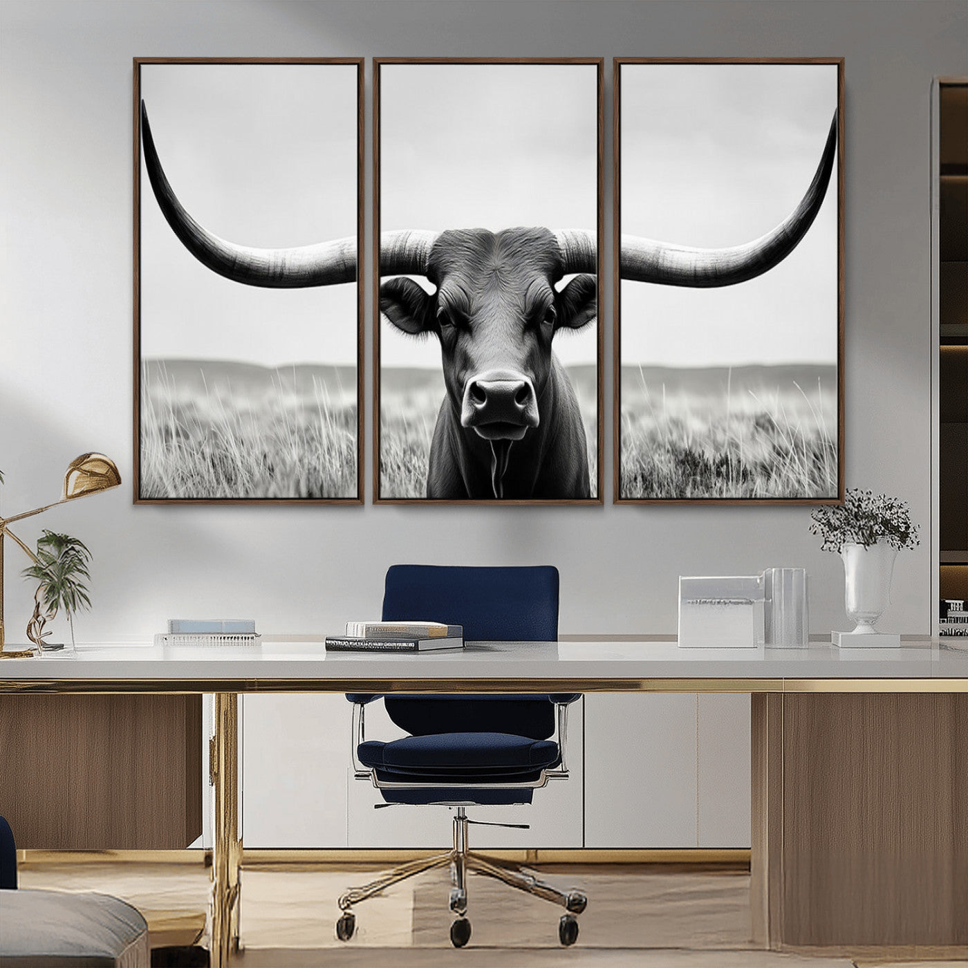 -Longhorn Bull Canvas Print | Rustic Farmhouse Wall Art | Western Decor | Ready to Hang and Framed