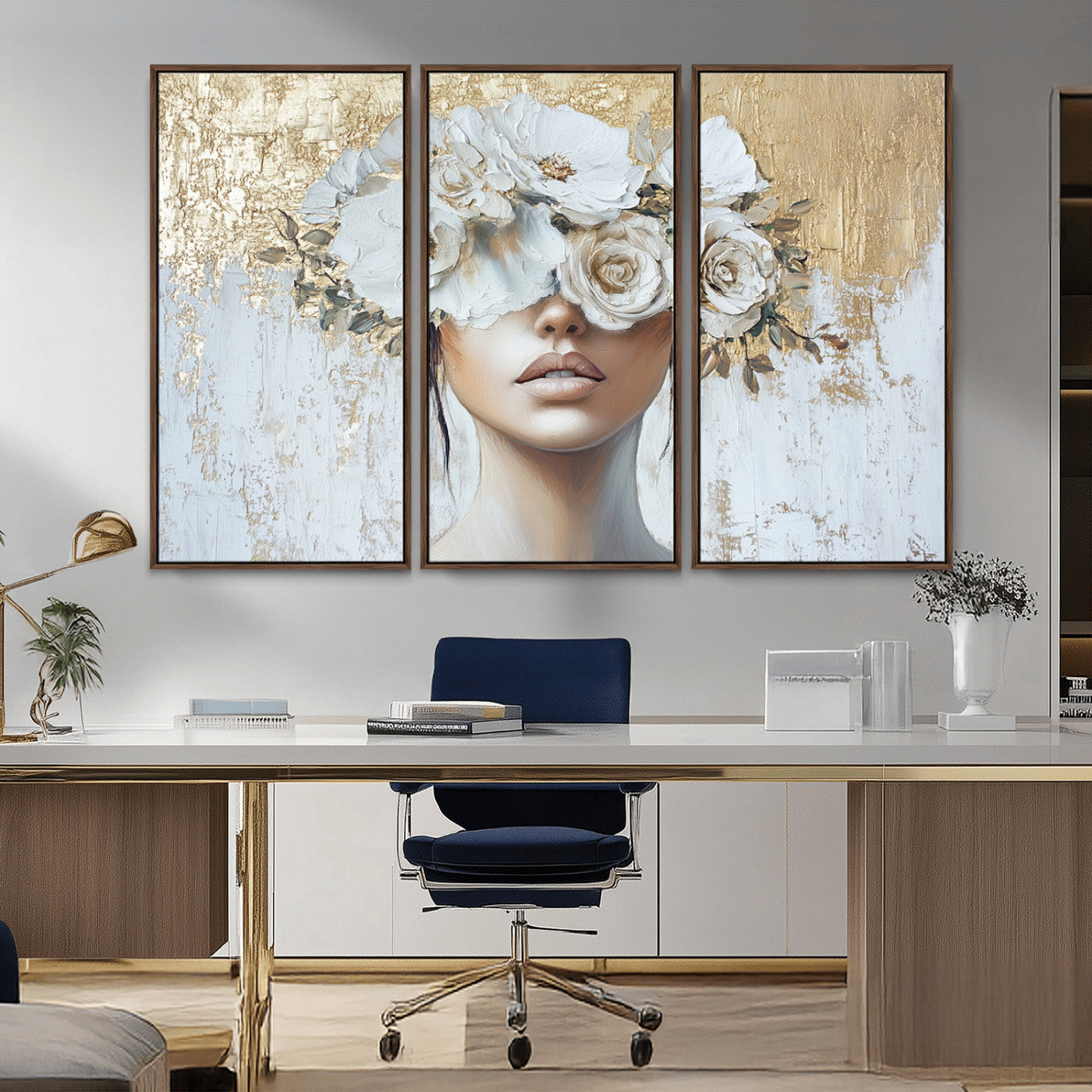 MGV-FC-48X32-3P - Golden Petal Wall Art - Canvas Print Flower Head Woman Painting Floral Woman Portrait Wall Decor,