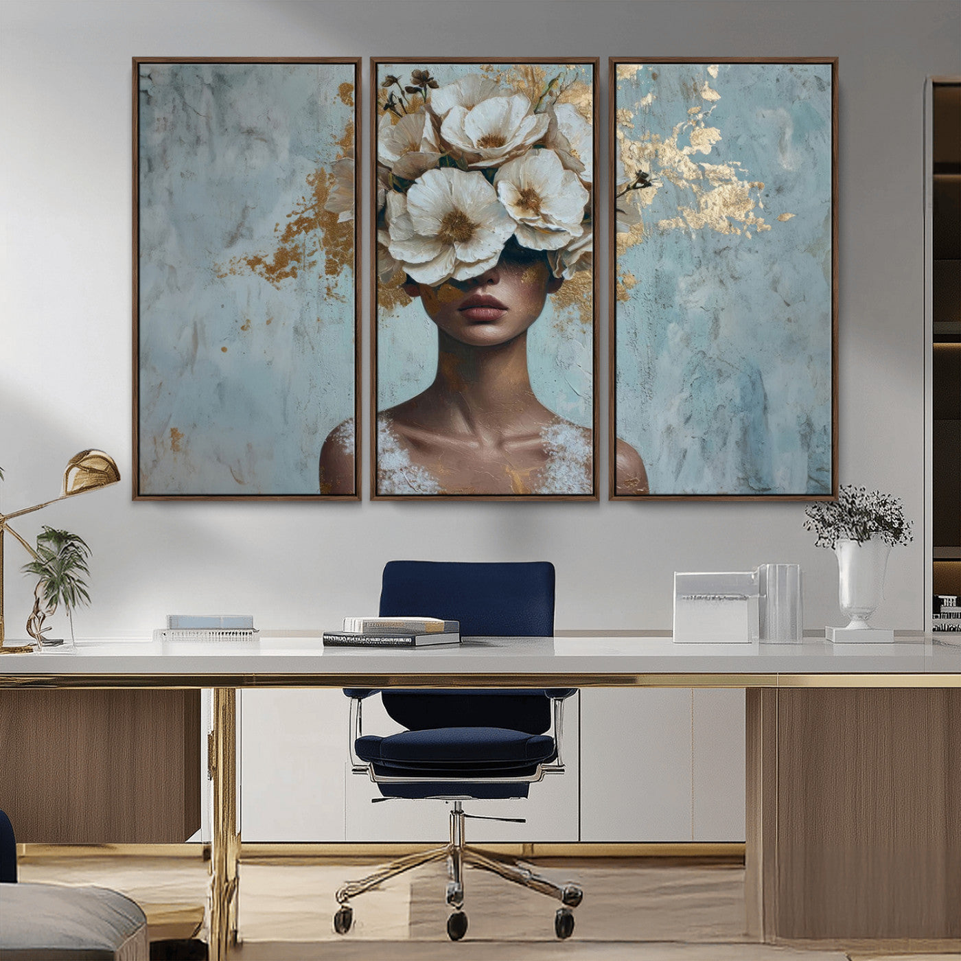 MGV-FC-48X32-3P - Golden Petal Wall Art - Petal Silhouette Woman Wall Art Canvas Print | Large 3-Panel Canvas with