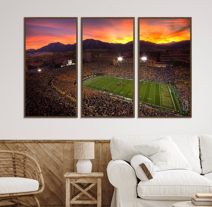 A vibrant mountain sunset at Folsom Field, home of the University of Colorado Football team, is captured in this stunning wall art canvas print.