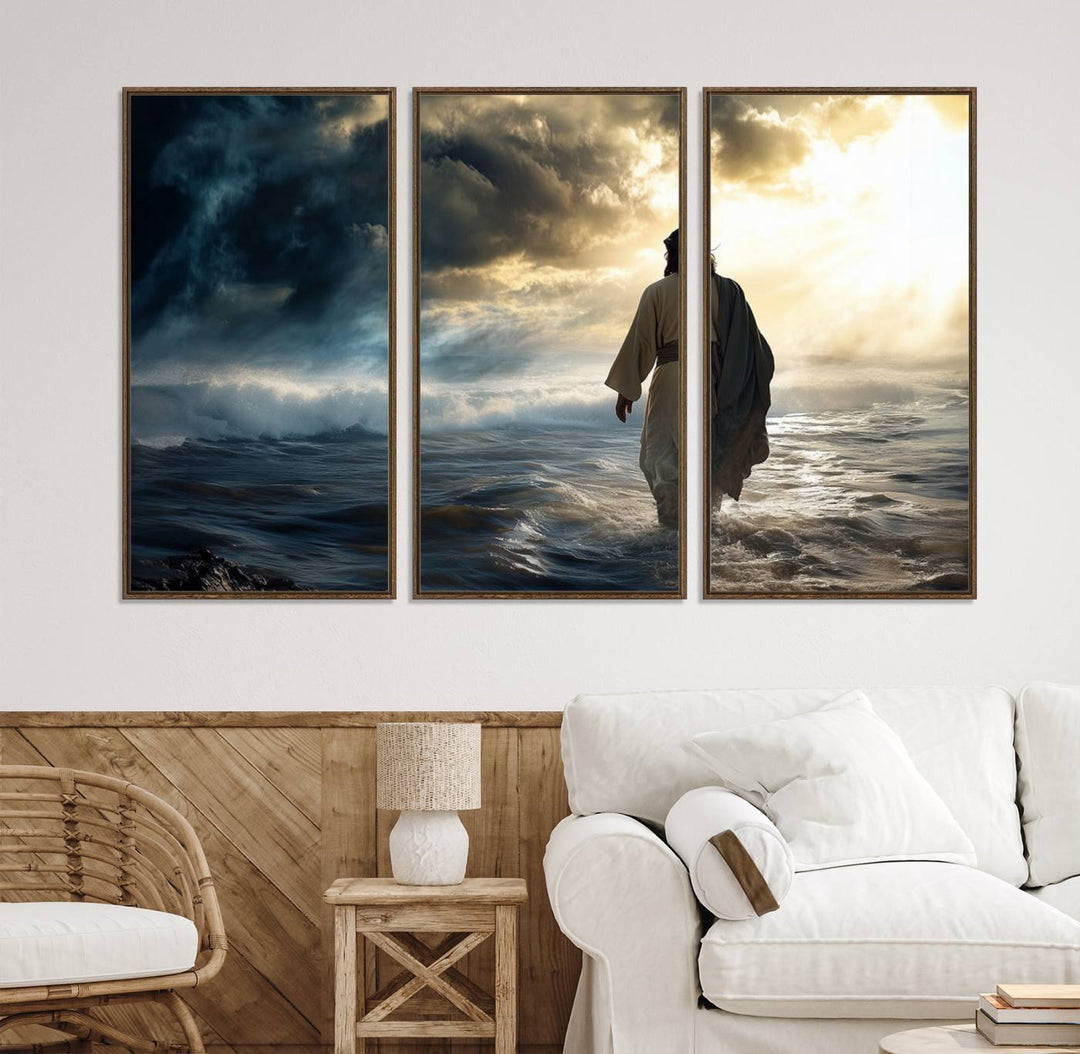 A dramatic sky serves as the backdrop for the Jesus Walking on Water wall art, a perfect piece for Christian home decor.