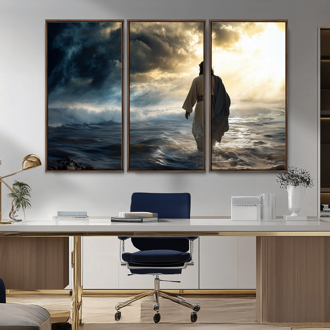 MGV-FC-48X32-3P - Jesus Walking on Water Wall Art | Canvas Print | Ready to Hang | Christian Home Decor | Spiritual