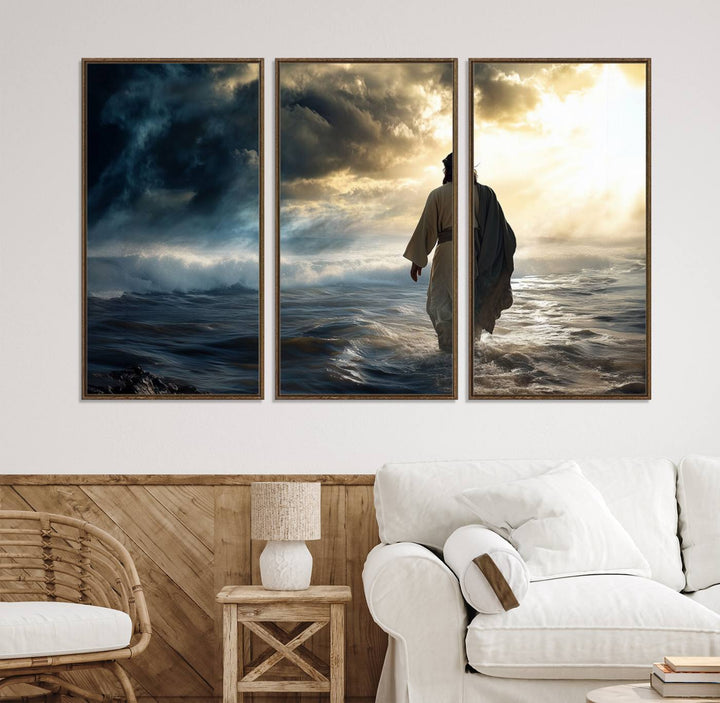 A dramatic sky serves as the backdrop for the Jesus Walking on Water wall art, a perfect piece for Christian home decor.