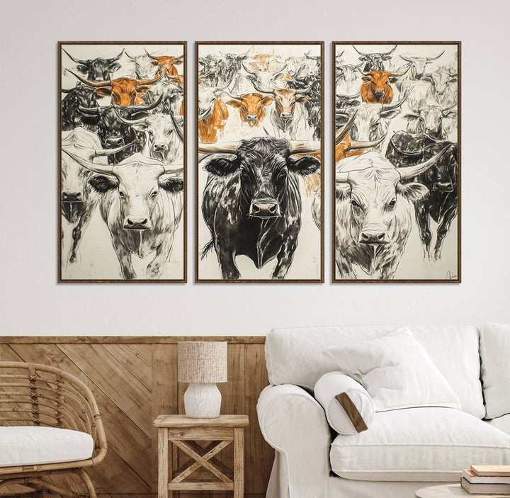 Texas Longhorn Wall Art canvas features cattle artwork with an abstract design, perfect for farmhouse decor on a porch.