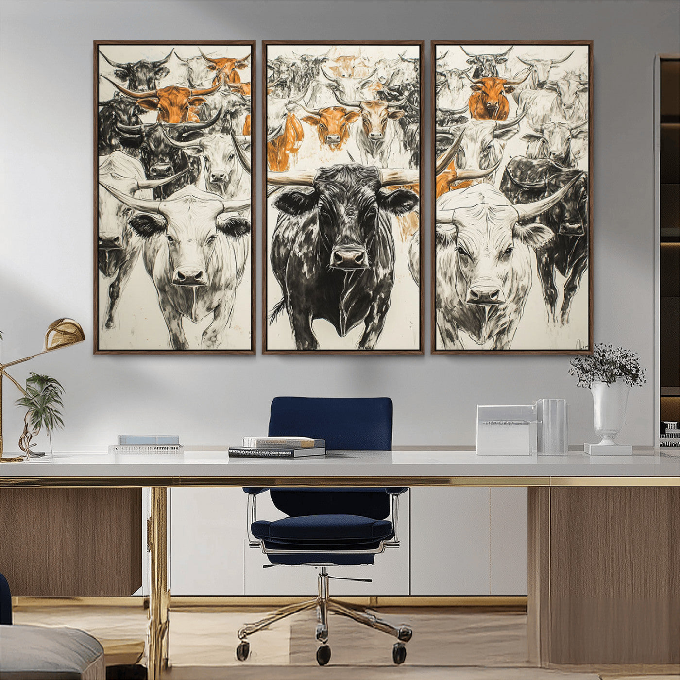 MGV-FC-48X32-3P - Farmhouse Wall Art | Western Longhorn Cattle Canvas Print | Ready to Hang and Framed Barn Decor
