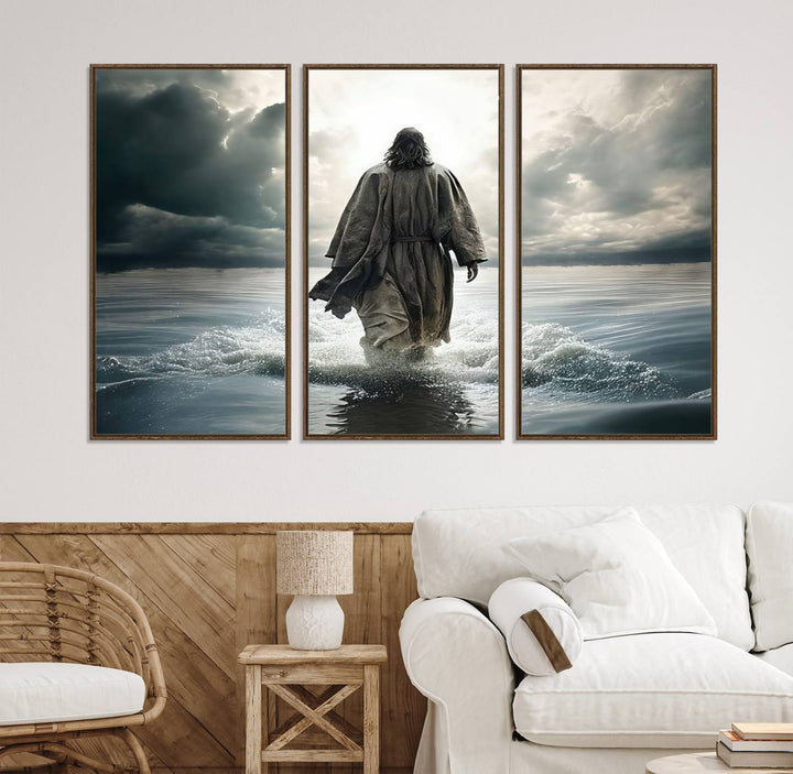 A canvas wall art depicting a figure walking on water beneath dramatic clouds, designed as inspirational religious imagery and ready to hang.